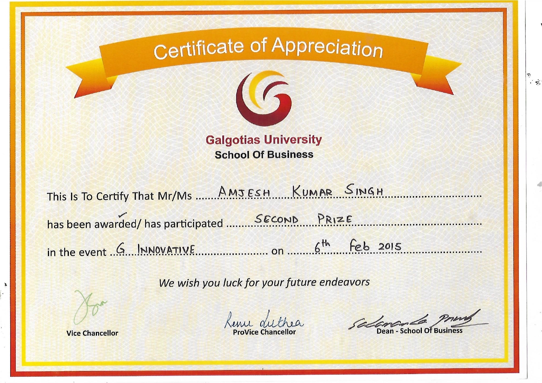 Amjesh Singh Certificates