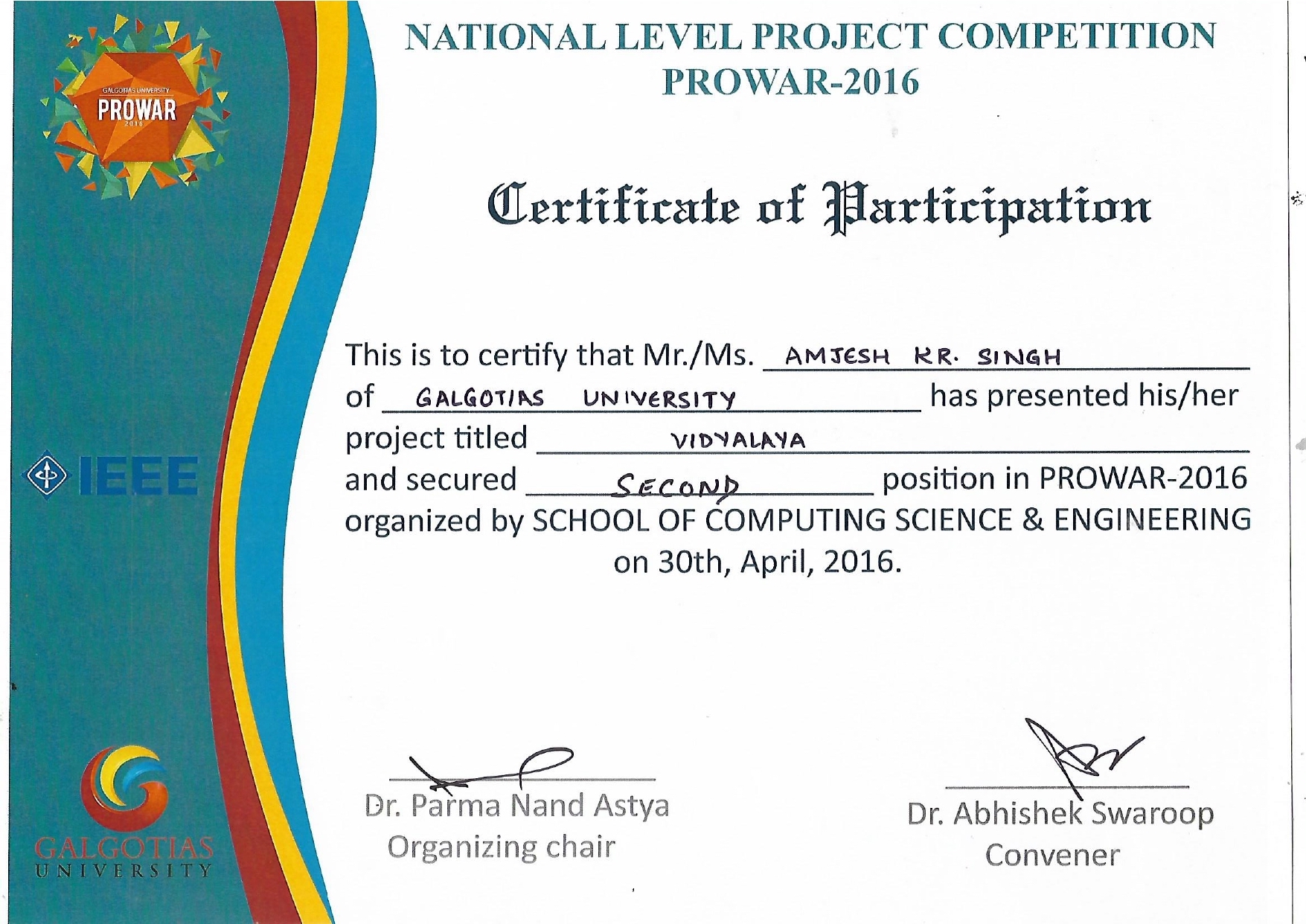 Amjesh Singh Certificates
