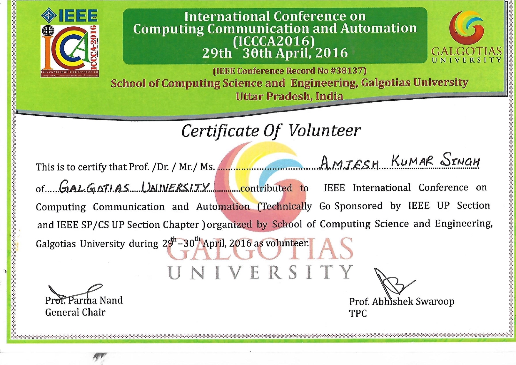 Amjesh Singh Certificates